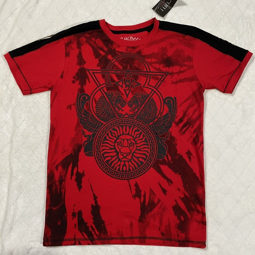 Bucheli Slim Fit T-Shirt Red Black Tie-dye Lions Head Gold Brand New Men's Sz M